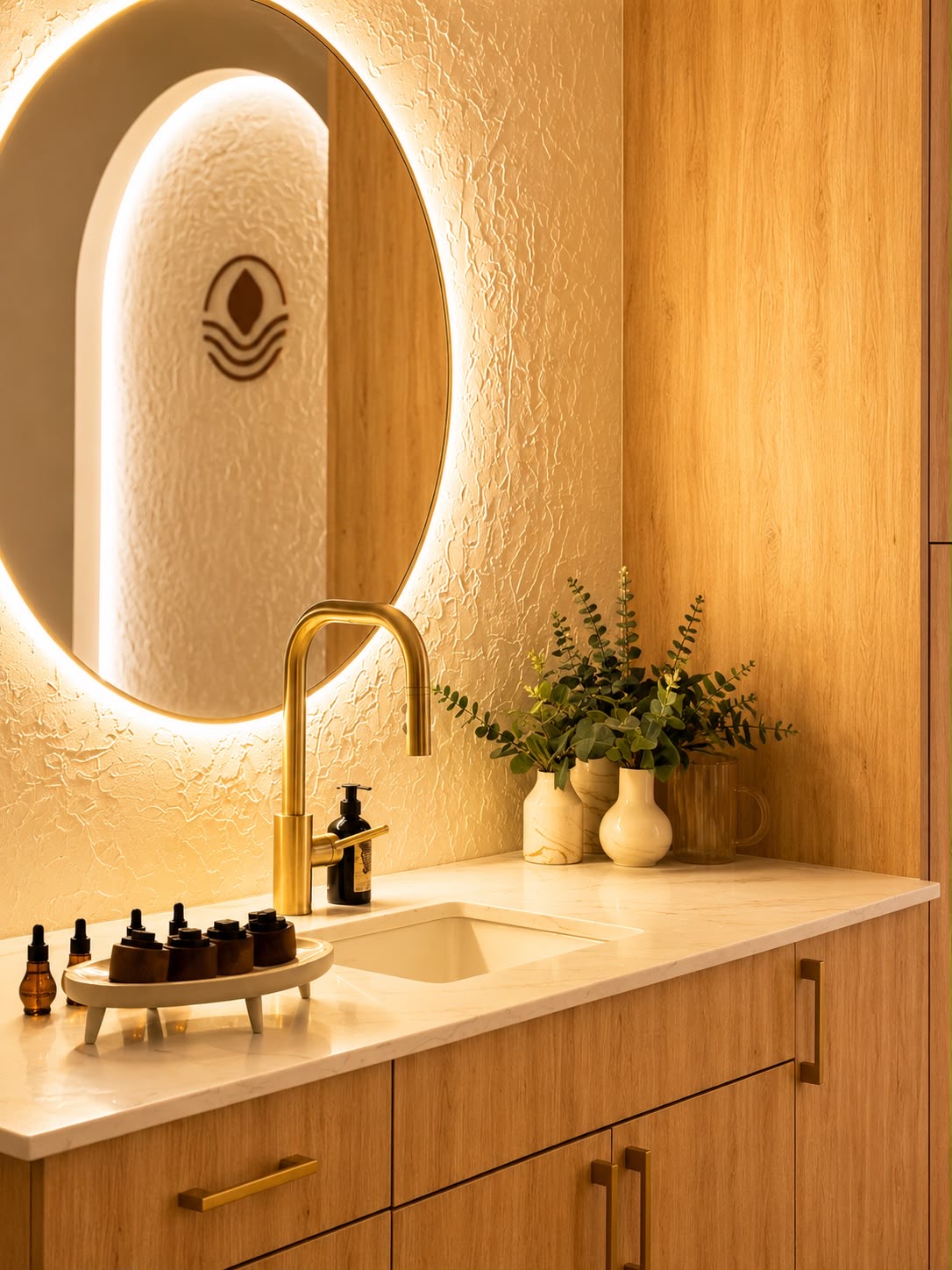 Vasque en marbre, robinet doré et eucalyptus