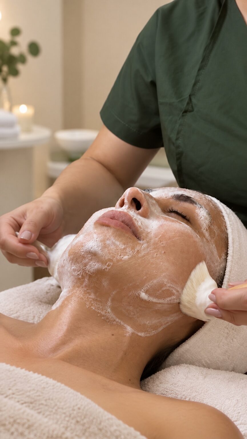 Rituel visage L’Éclat Intemporel chez DAHANO Spa à L’Île-Perrot — double nettoyage du visage et du cou au pinceau